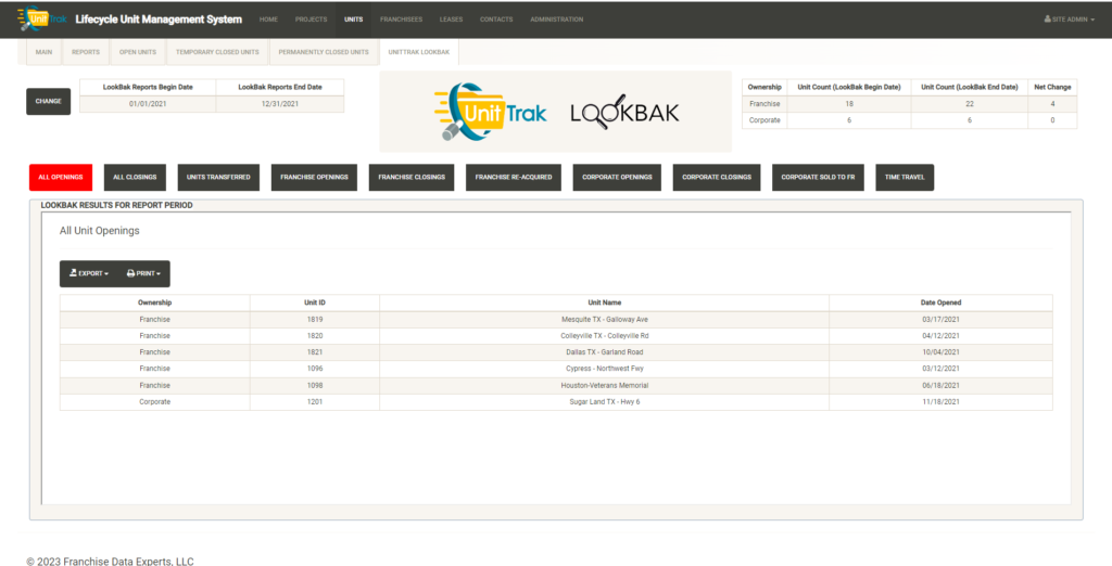 UnitTrak Lookbak is our exclusive tool to quickly get historical data about your units. Lookbak allows you to set a custom reporting period and view unit activity during that period. Ideal for FDD Item 20 reporting.