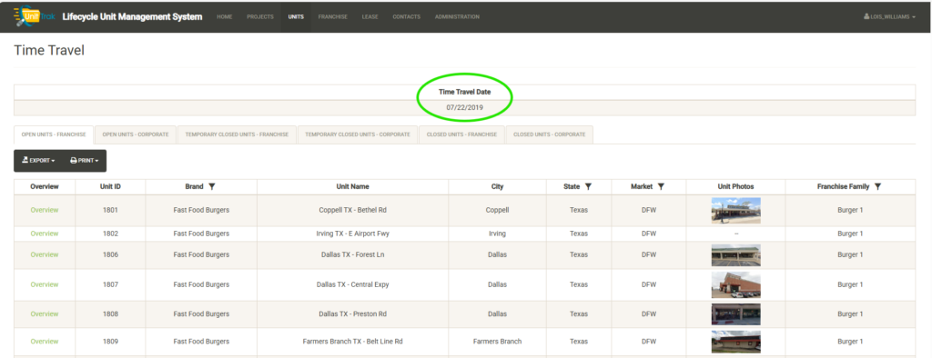 UnitTrak unit portfolio view over time with Time Travel feature
